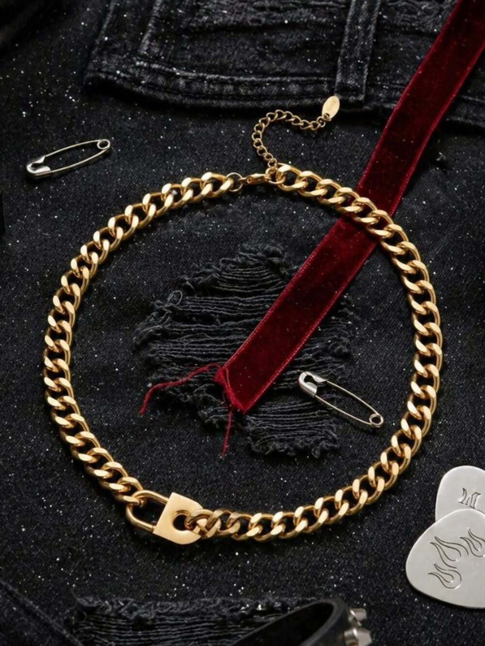 18K Gold Plated Padlock Choker Mob Wife Y2K Grunge Statement Necklace 16.5in